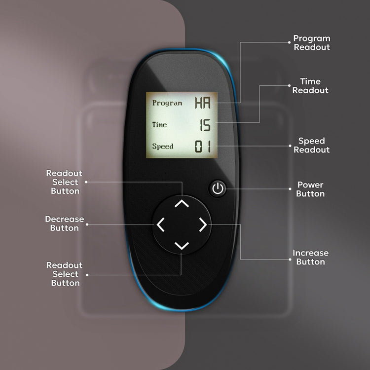 Digital device with labeled buttons and display on a dark background