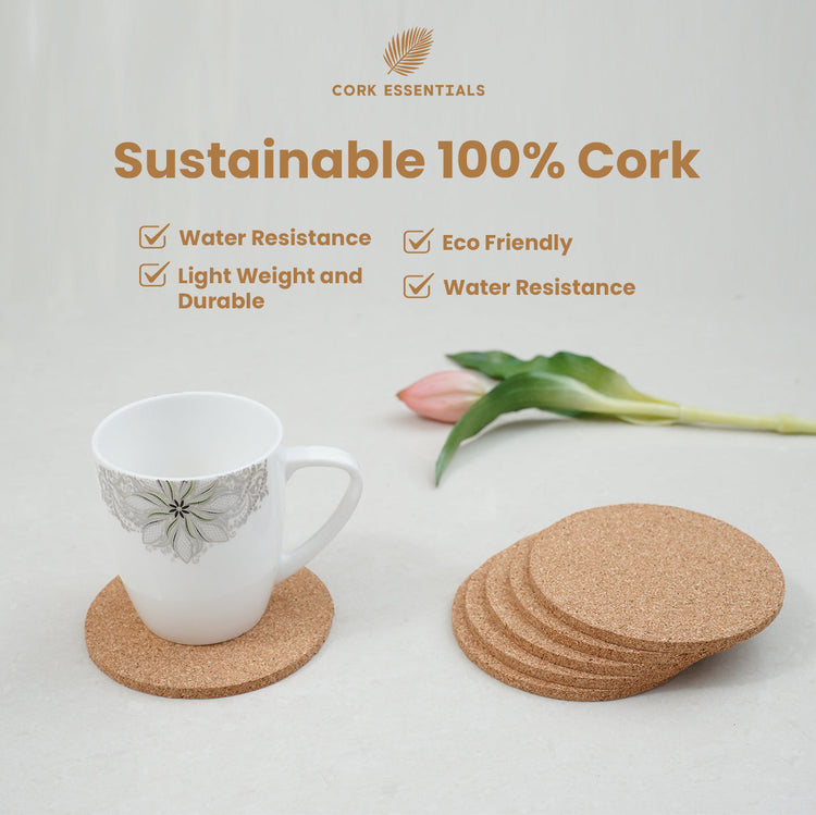 Cork coasters with a mug and flower on a light background, featuring Cork Essentials branding.