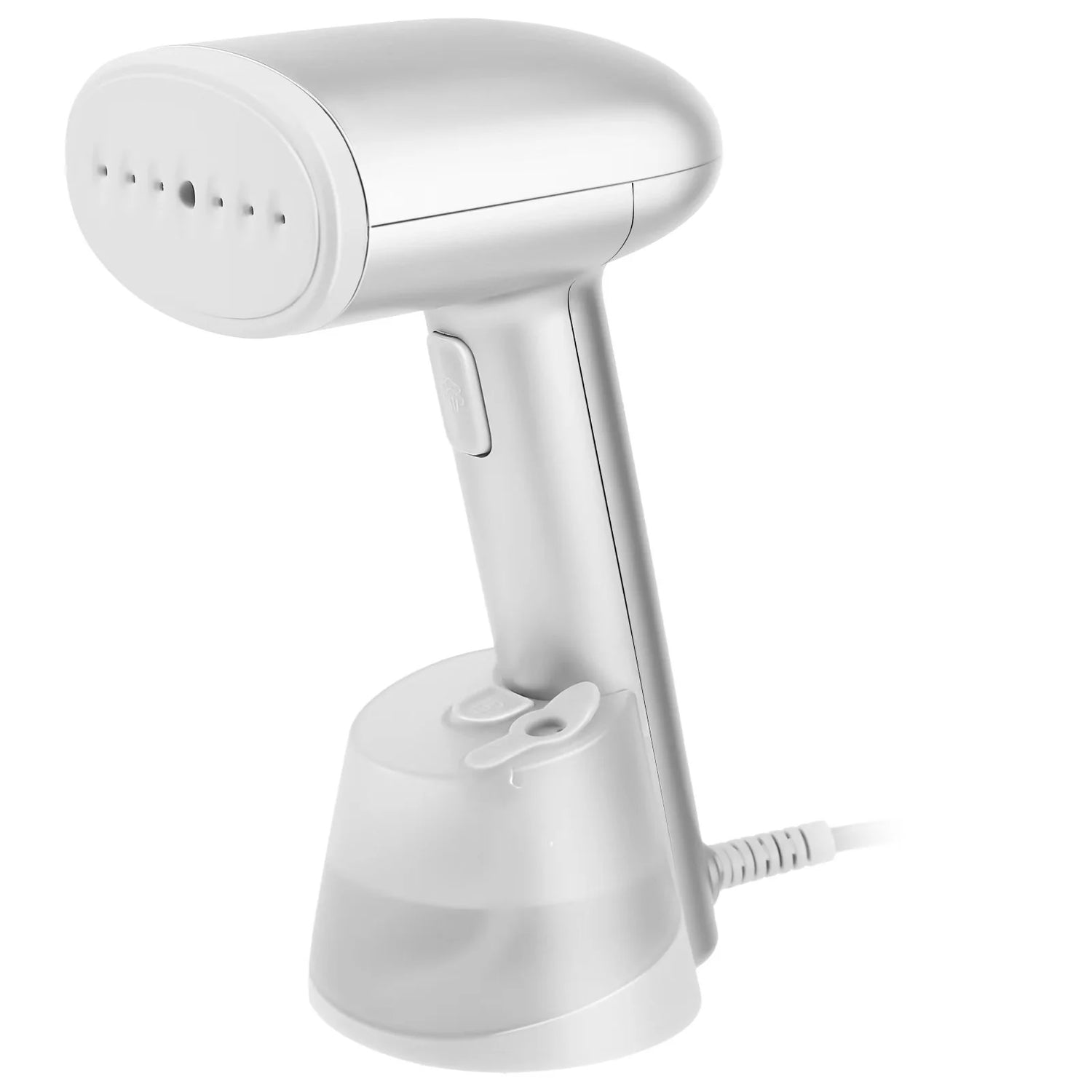 A handheld garment steamer in a white color, displayed on a stand with a cord running from the base to the steamer. The steamer has a sleek, modern design with buttons on the top section.