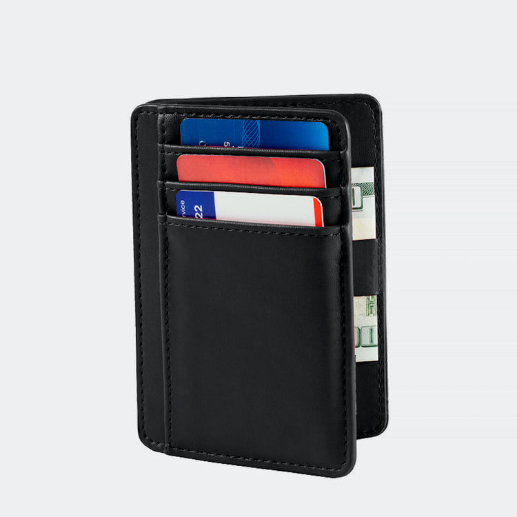 Black wallet with cards and money on a light gray background