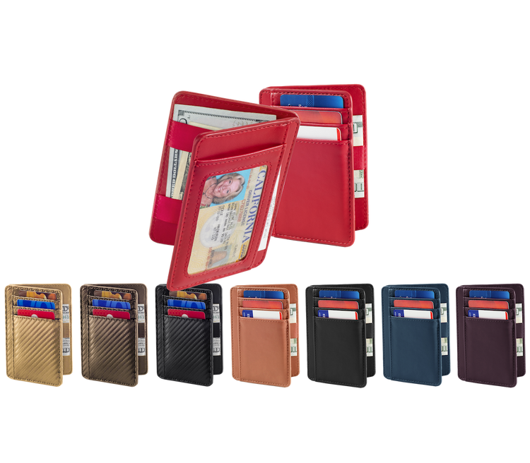 Collection of red, gold, black, brown, blue, and purple wallets with card slots on a white background.