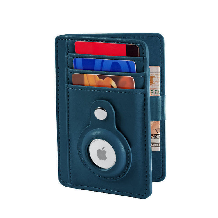 Blue cardholder with Apple logo on a white background