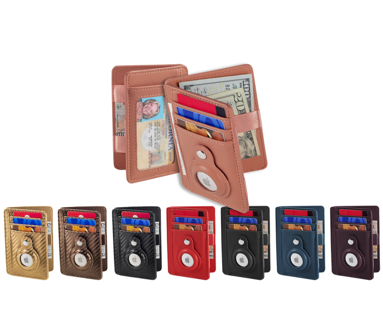 Set of multiple wallets in various colors with card slots and money clip on a white background