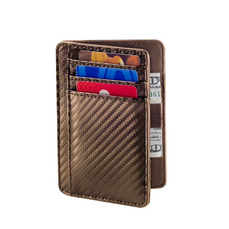 Brown carbon fiber wallet with cards and money on a white background