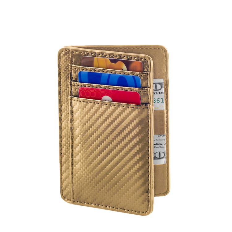 Beige carbon fiber wallet with card slots and cash pocket on a white background