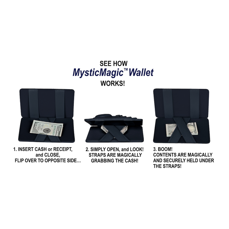 MysticMagic wallet with instructions on how to use it.