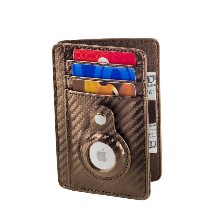 Brown carbon fiber wallet with card slots and Apple logo on a white background