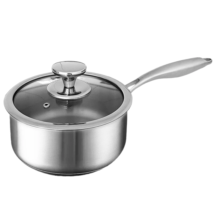 Stainless steel saucepan with lid on a white background