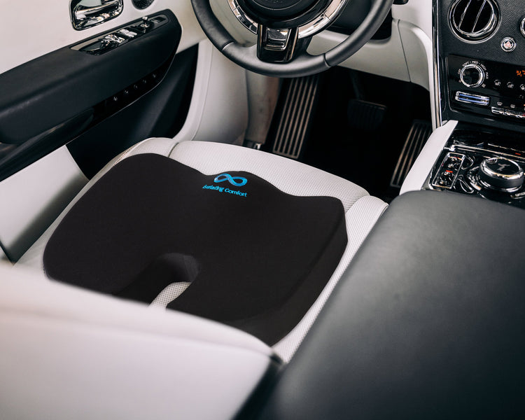 Car seat cushion with a visible brand logo on a car seat