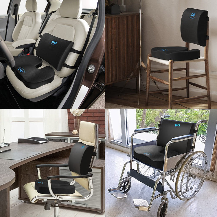 Collage of various chairs with black seat cushions featuring blue logos.