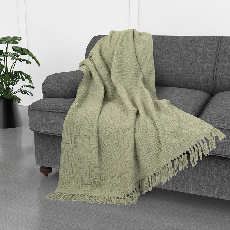 Kathy Ireland Oversized Chenille Fringed Basket Throw 50” X 70” - Sage