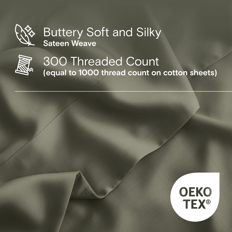 Buttery soft and silky sateen weave fabric with text about thread count and OEKO-TEX certification.