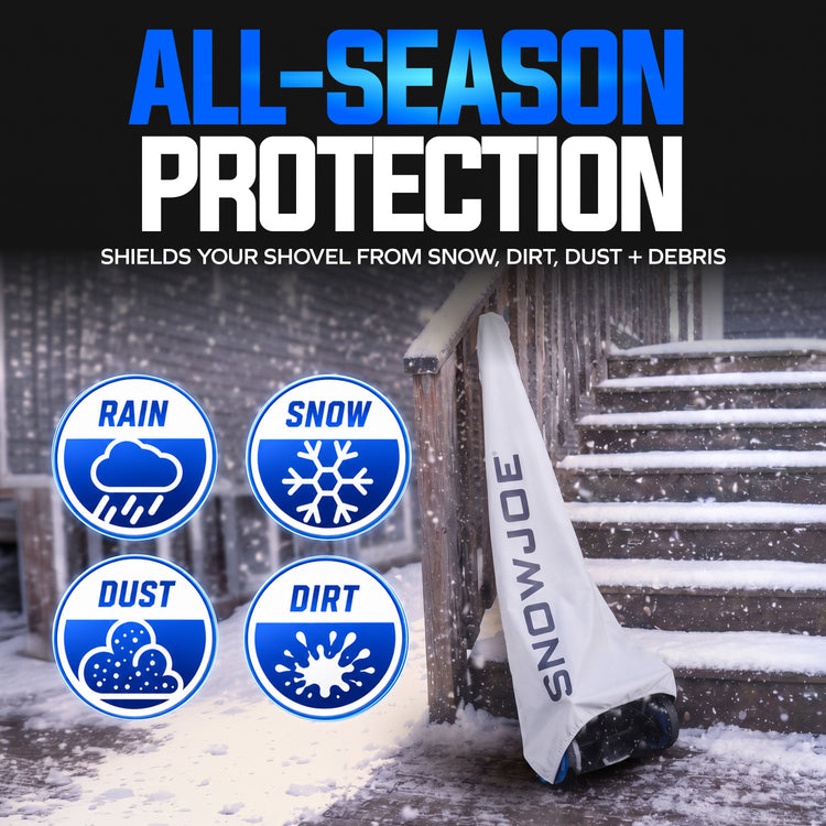 A white Snow Joe snow guard leaning on outdoor steps in the snow, with large text reading 'ALL-SEASON PROTECTION' and four blue circular icons for rain, snow, dust, and dirt protection.