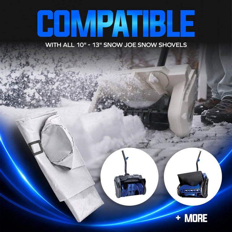 A snow shovel bag shown in a snowy outdoor scene with large blue text reading 'COMPATIBLE' and smaller text stating it works with all 10-inch, 13-inch snow joes and snow shovels. Two circular inset images at the bottom show the bag filled with a blue and black shovel attachment.
