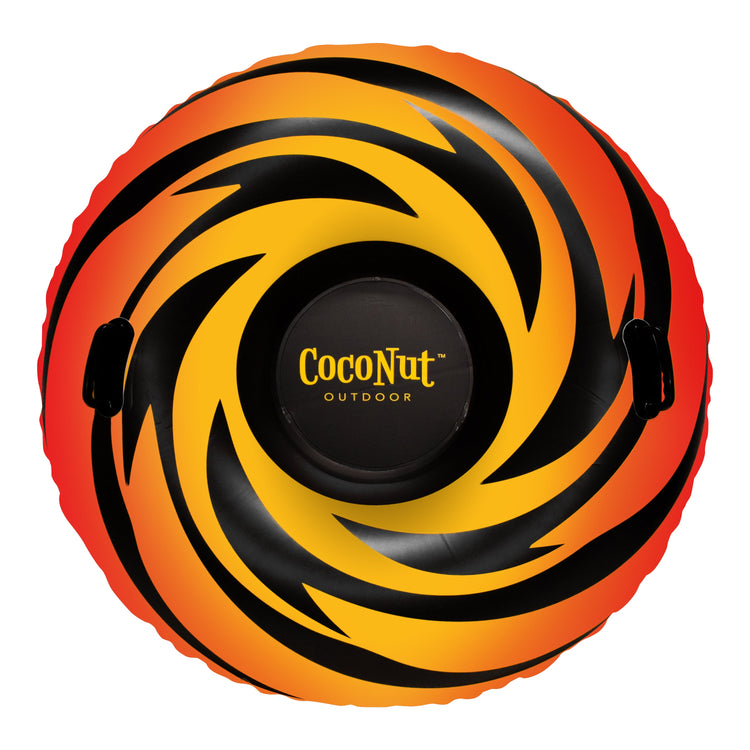 Inflatable ring with swirling orange, yellow, and black pattern on a white background