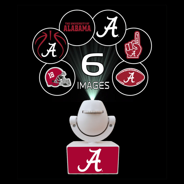 Light projector with six different images of the University of Alabama logo on a black background.