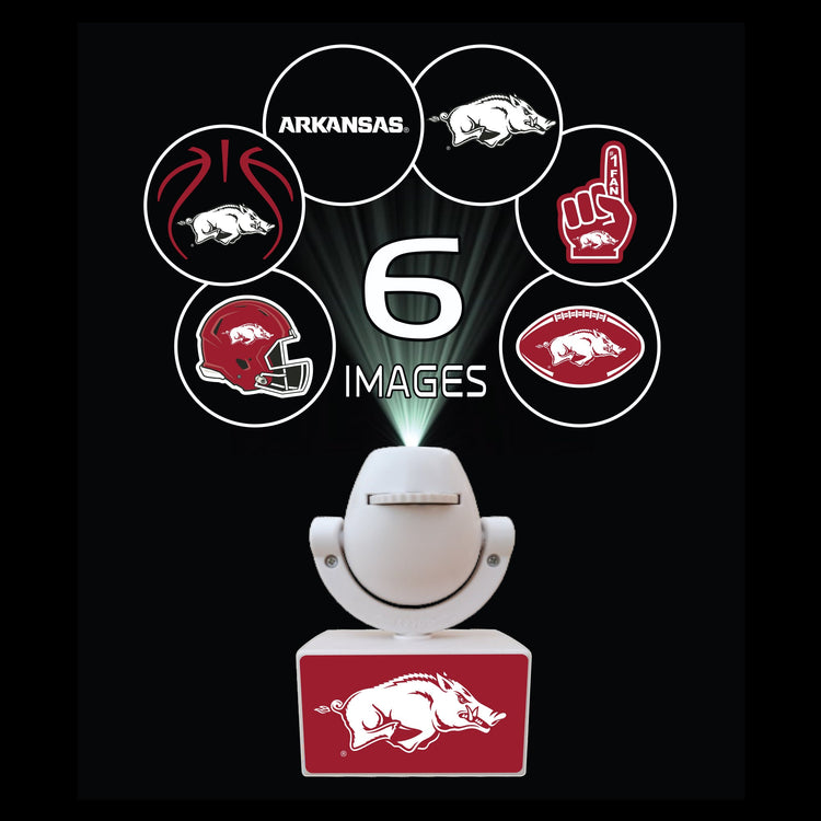 Light projector with Arkansas logo and images on a black background