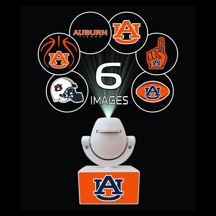 Projector with six different images of Auburn University logos on a black background