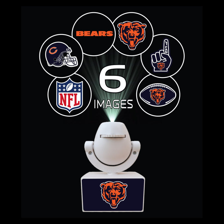 Light projector with multiple logos including a bear and NFL branding on a black background