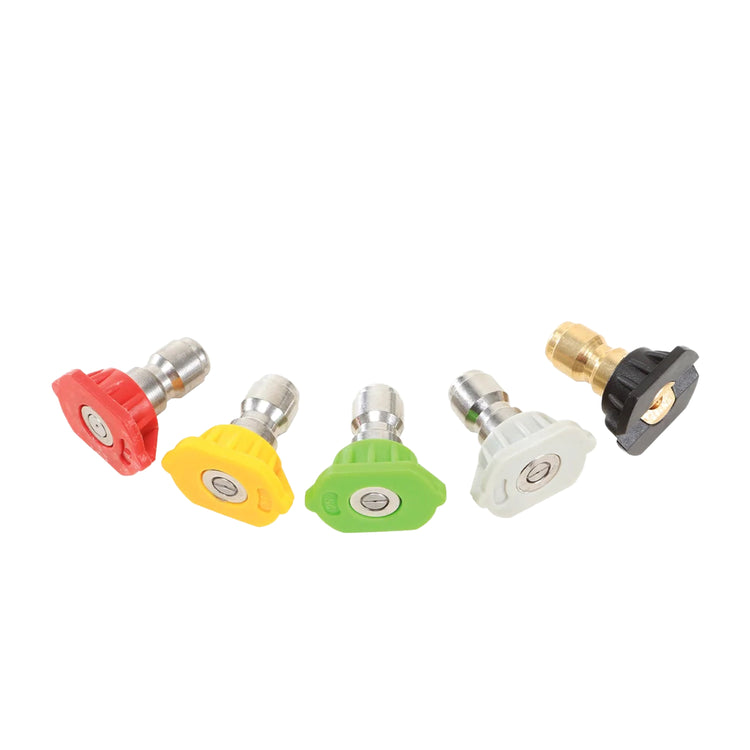 Set of colorful pressure washer nozzles on a white background