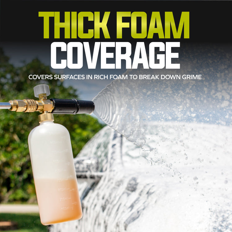 Foam cannon with text 'THICK FOAM COVERAGE' and 'COVERS SURFACES IN RICH FOAM TO BREAK DOWN GRIME'.