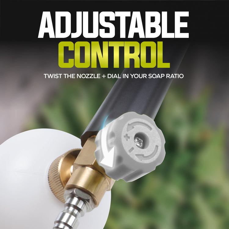 Soap dispenser with adjustable control mechanism on a blurred background