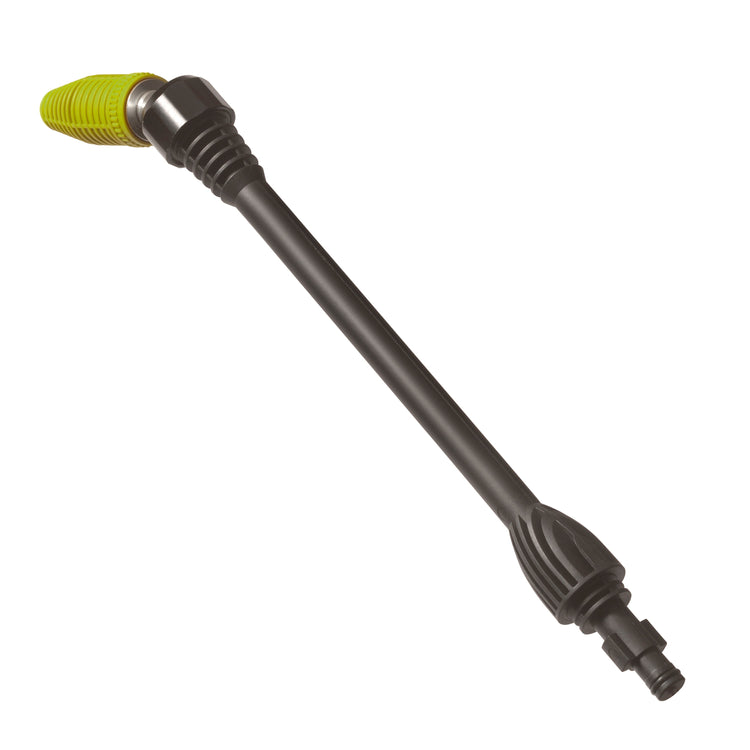 Garden hose nozzle with a green tip on a white background
