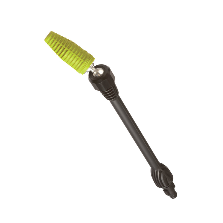 Garden hose nozzle with green spray pattern on a white background