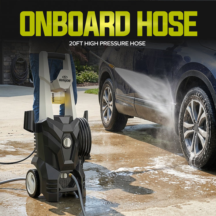 Pressure washer with 'Onboard Hose' text washing a car outdoors.