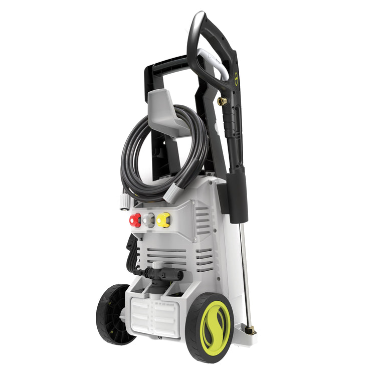 High-pressure washer with hose and nozzle on a white background