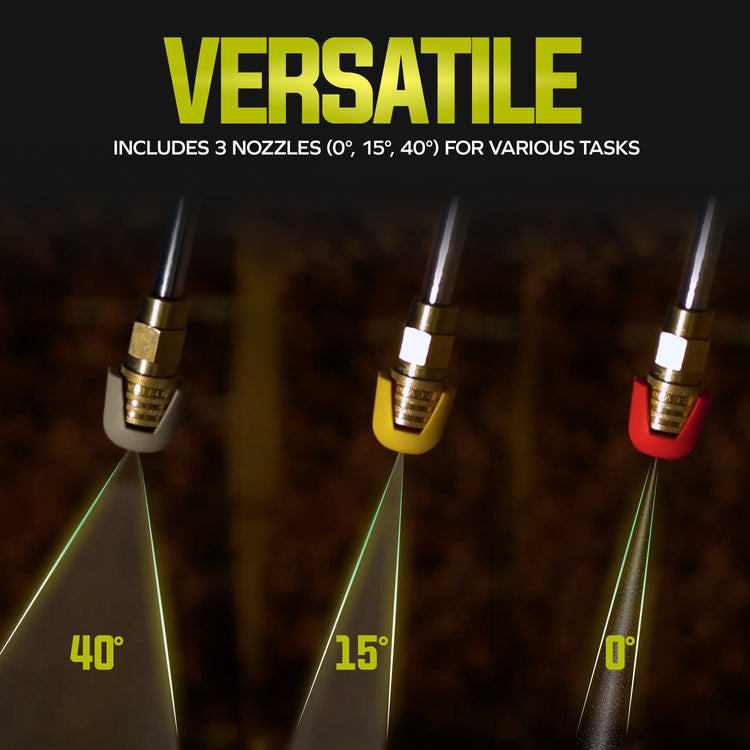 Three nozzles with different spray angles on a dark background, featuring the word 'VERSATILE'.