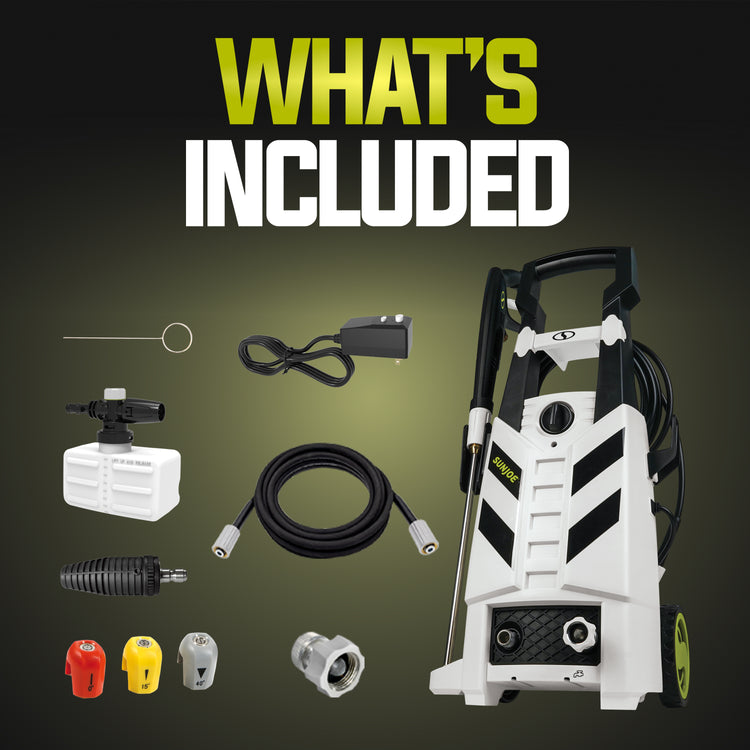 Pressure washer with various attachments on a dark background