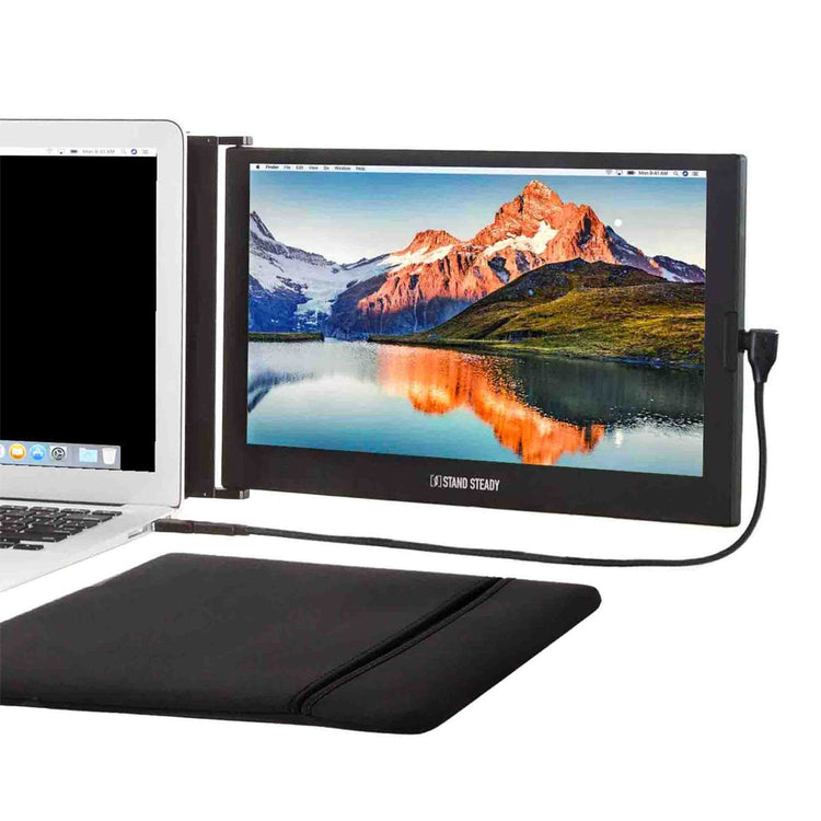 Portable monitor displaying a mountain scene connected to a laptop on a white background