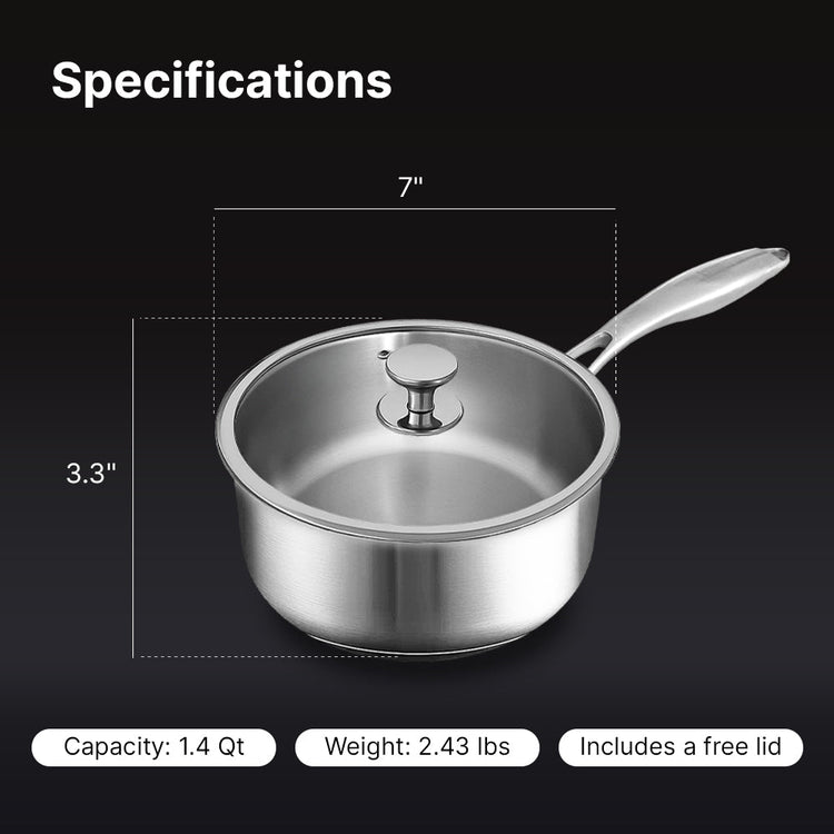 Stainless steel saucepan with lid on a black background, showing dimensions and specifications.