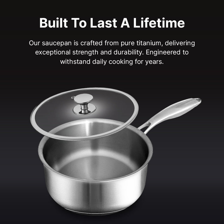 Stainless steel saucepan with lid on a black background, featuring text about its durability.