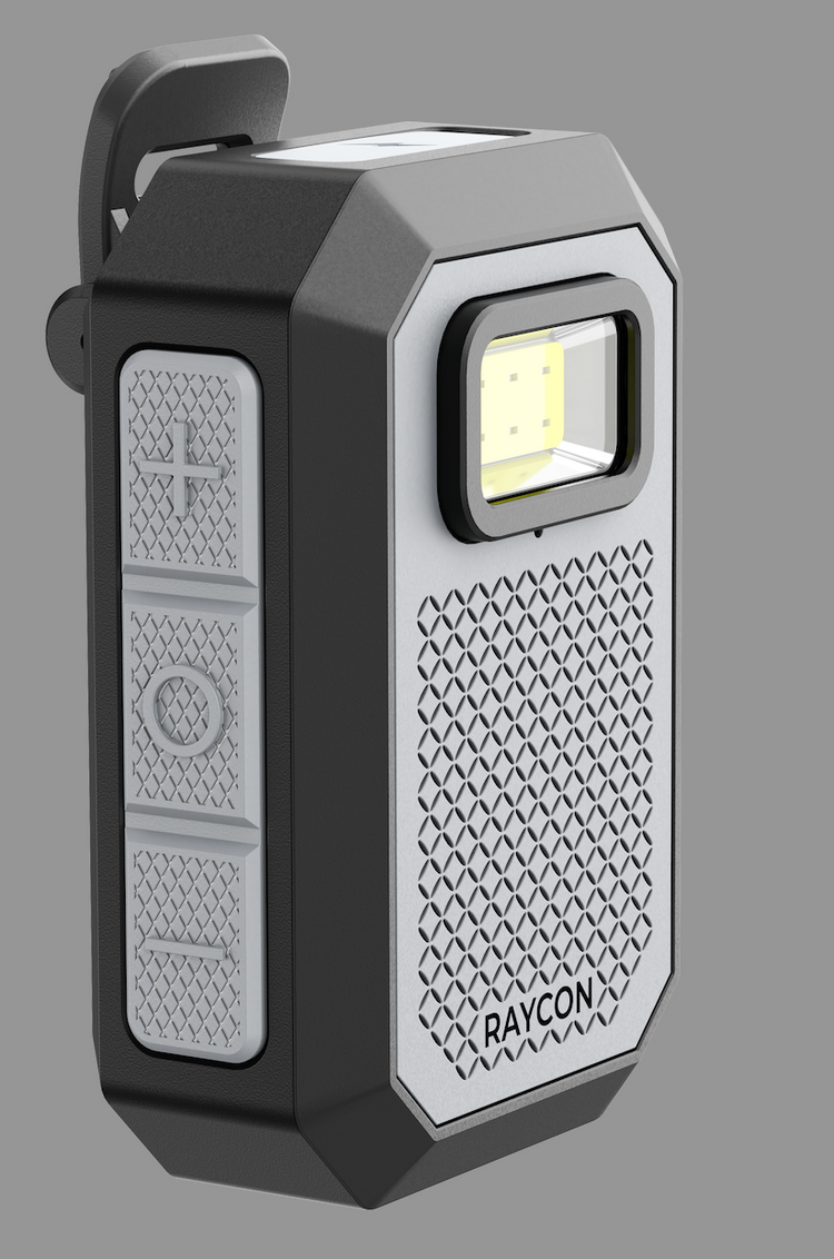 Portable flashlight with textured surface and visible brand name on a gray background