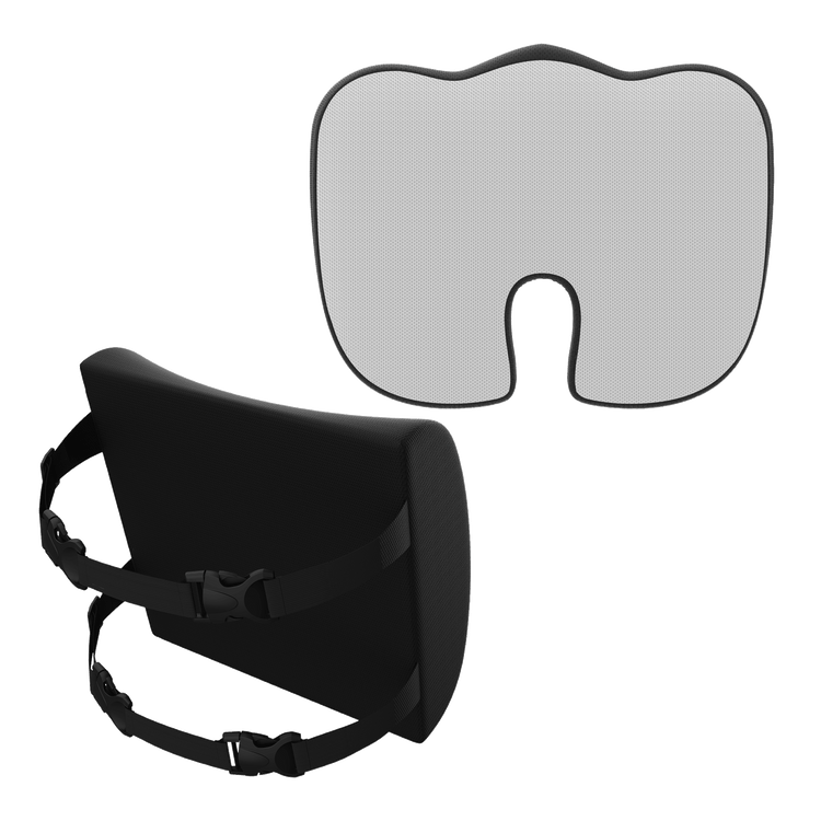 Black and gray seat cushion with a strap on a white background
