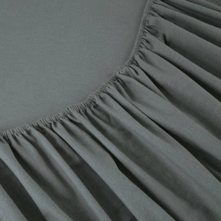 Close-up of a fitted sheet on a bed with a plain background