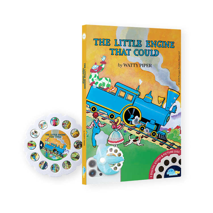 Book titled 'The Little Engine That Could' with a picture disc on a white background