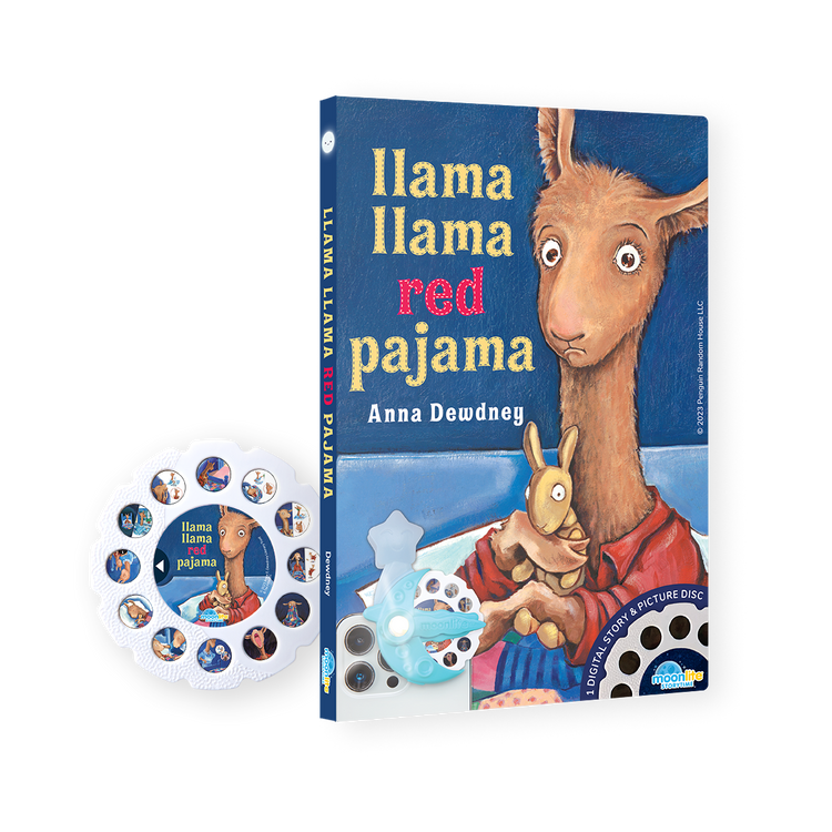 Book titled 'Llama Llama Red Pajama' with a colorful cover and a disc on a white background