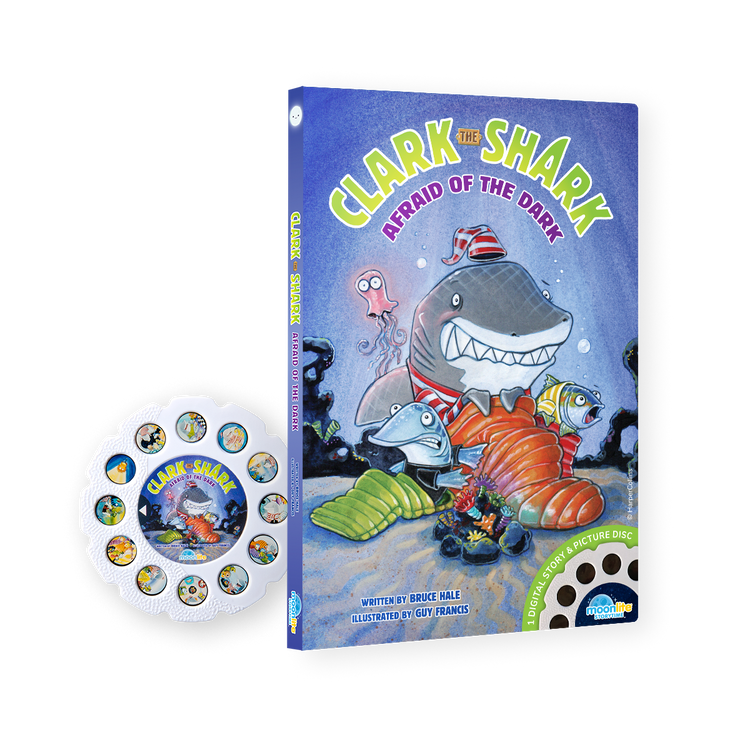 Book titled 'Clark the Shark Afraid of the Dark' with a picture disc on a white background