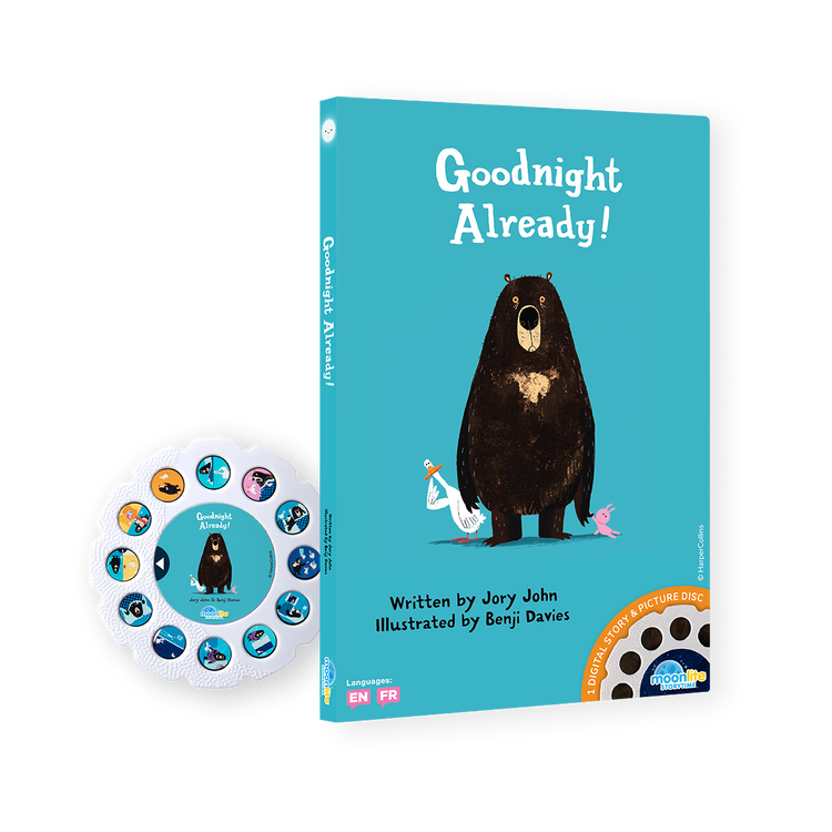 Children's book titled 'Goodnight Already!' with a bear illustration on a blue background, accompanied by a circular board with illustrations.