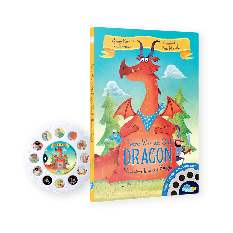 Children's book titled 'There Was an Old Dragon Who Swallowed a Knight' with a dragon illustration on the cover, accompanied by a disc.