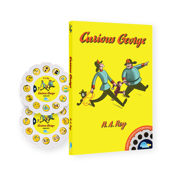 Curious George book with a pull tab disc on a white background