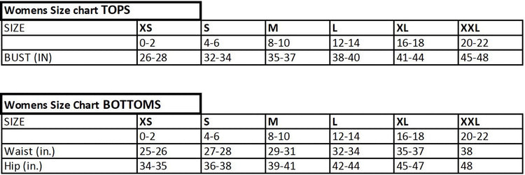 Womens size chart for tops and bottoms with measurements in inches.