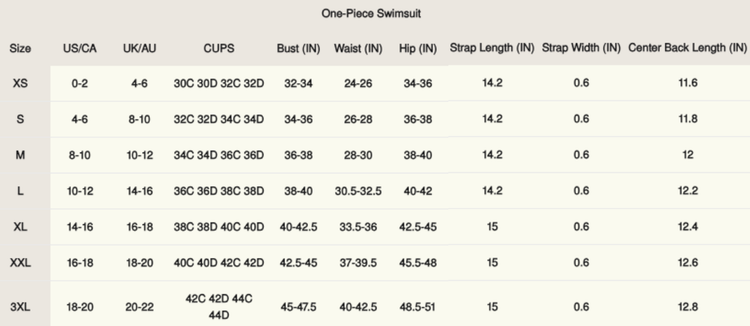One-piece swim suit size chart with measurements