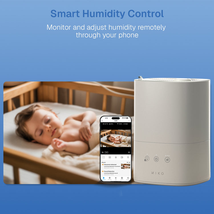 Humidifier next to a phone displaying app interface with text about smart humidity control.