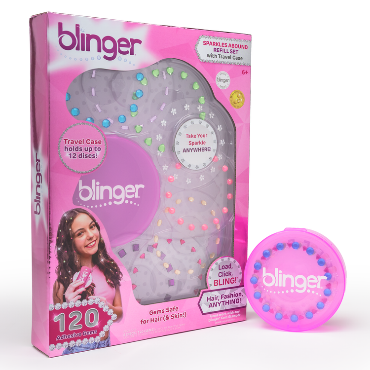 Blinger packaging with pink and purple design, featuring a travel case and refills.