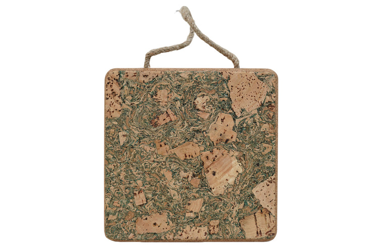 Square cork board with a rope handle on a white background