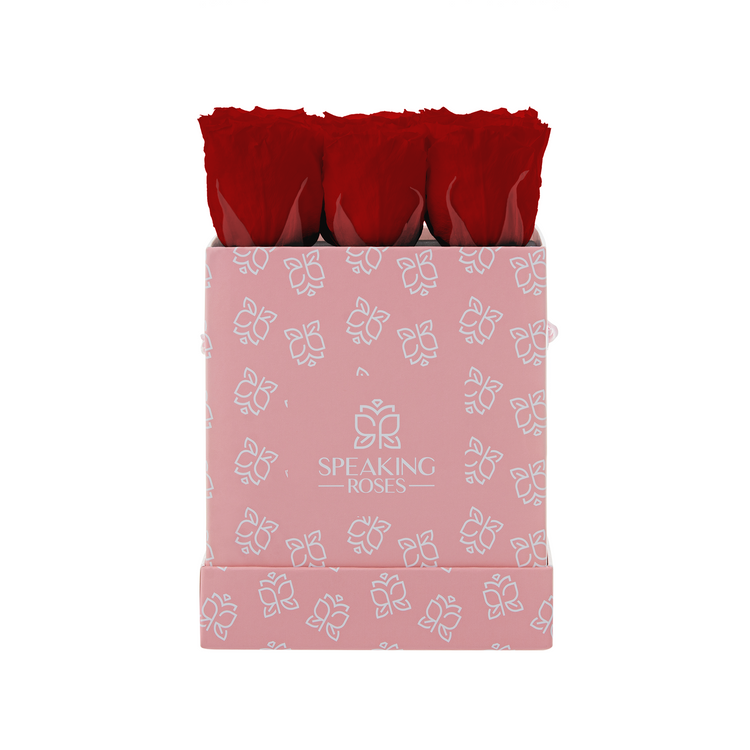 Pink box of red roses with 'Speaking Roses' branding on a white background